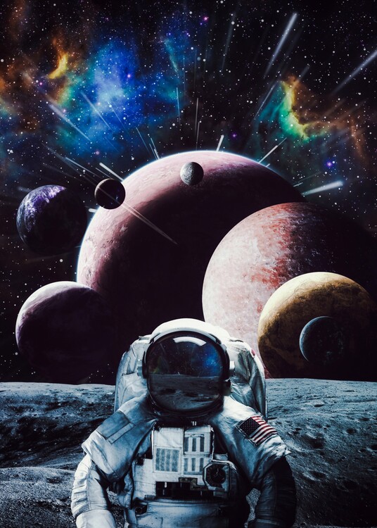 Illustrazione Astronaut on moon and a Lot of Planets