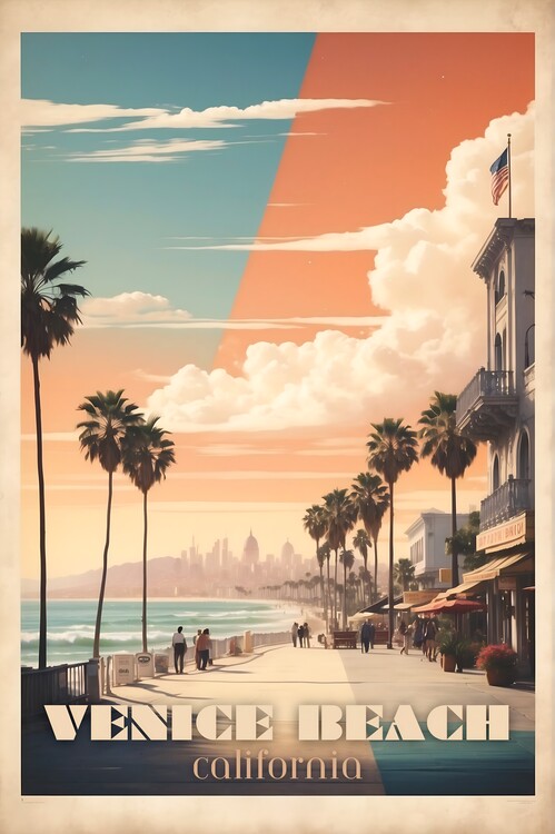 Illustrazione Venice Beach Vintage Travel Poster - Coastal Nostalgia Art