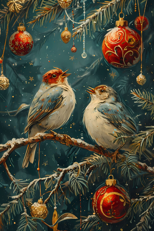 Ilustrace Two birds in a Christmas Tree