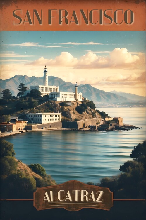 Illustrazione Alcatraz Vintage Travel Poster - Historic Island Art