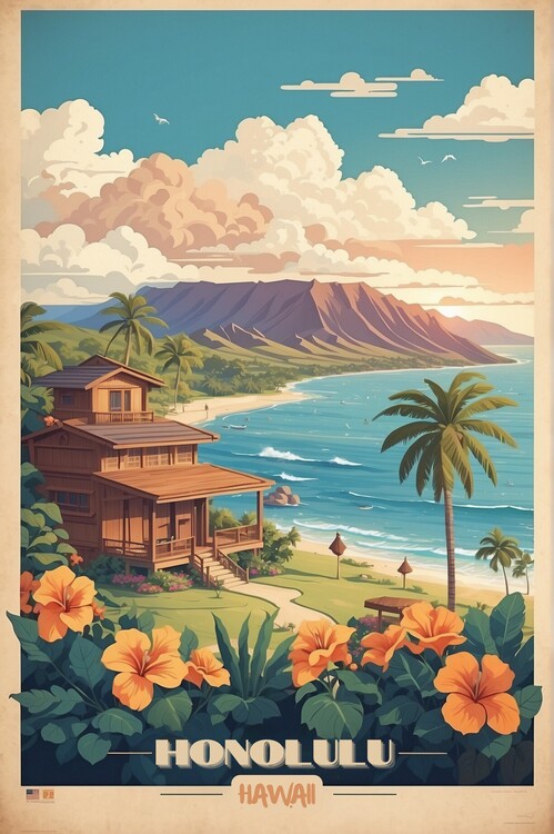 Illustrazione Honolulu Sunset Escape: Vintage Travel Poster