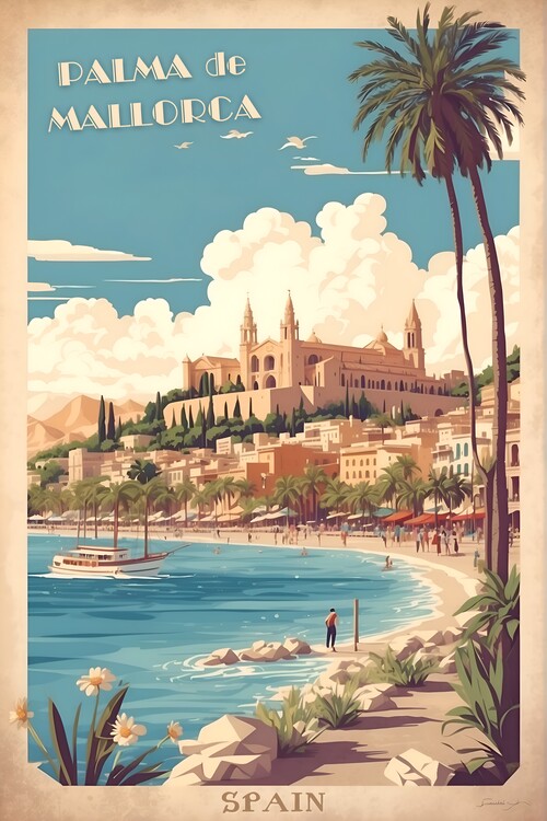 Illustrazione Palma de Mallorca Vintage Retro Travel Art