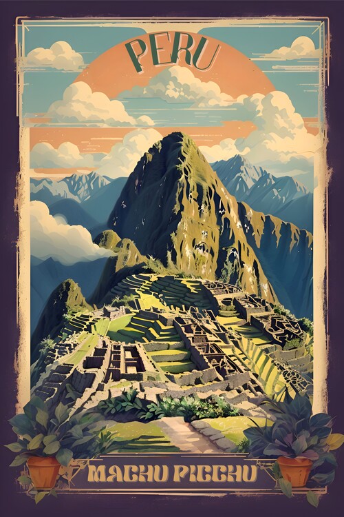 Illustration Machu Picchu Vintage Poster: Peruvian Majesty