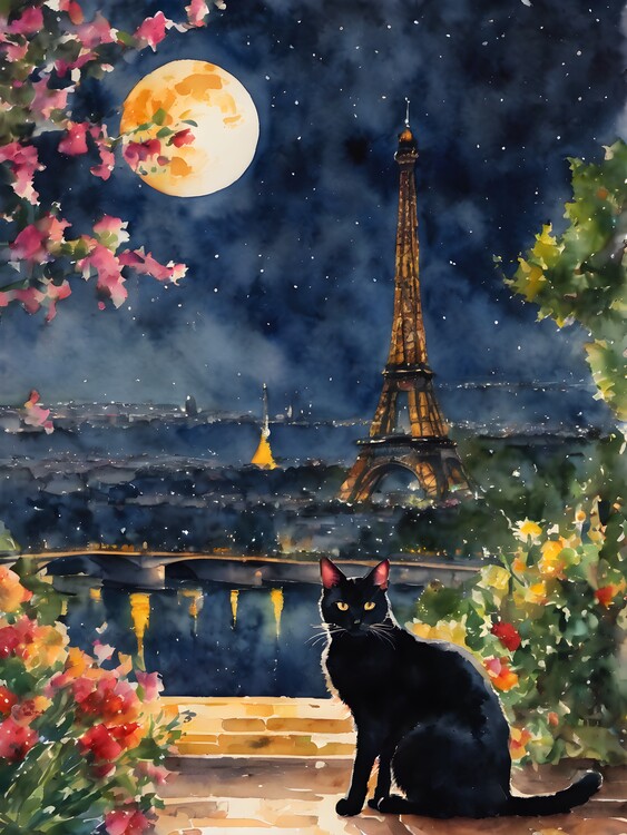 Illustration Black Cat in Paris Eiffel Tower