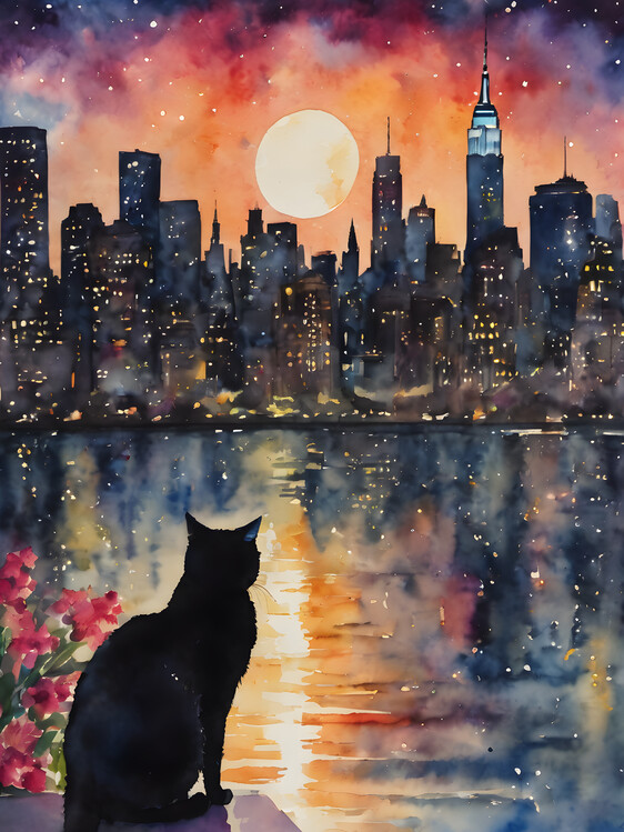 Illustration Black Cat Watches the New York Skyline