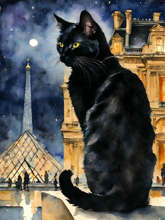 Illustration Black Cat at The Louvre Paris