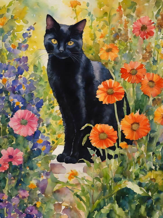 Illustration Black Cat Amongst Garden Flowers