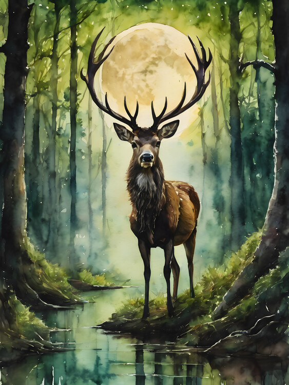 Illustration Magestic Stag in Moonlit Forest