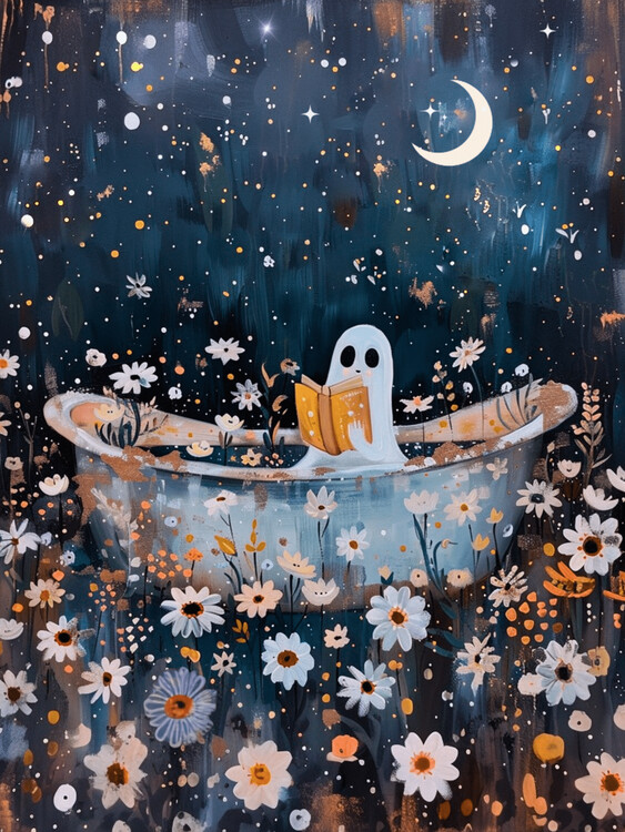 Illustration Botanical Ghost Reading in the Bath Under Moon and Stars