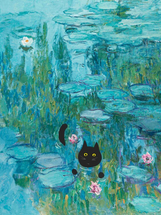 Illustration Black Cat in Monet's Waterlilies