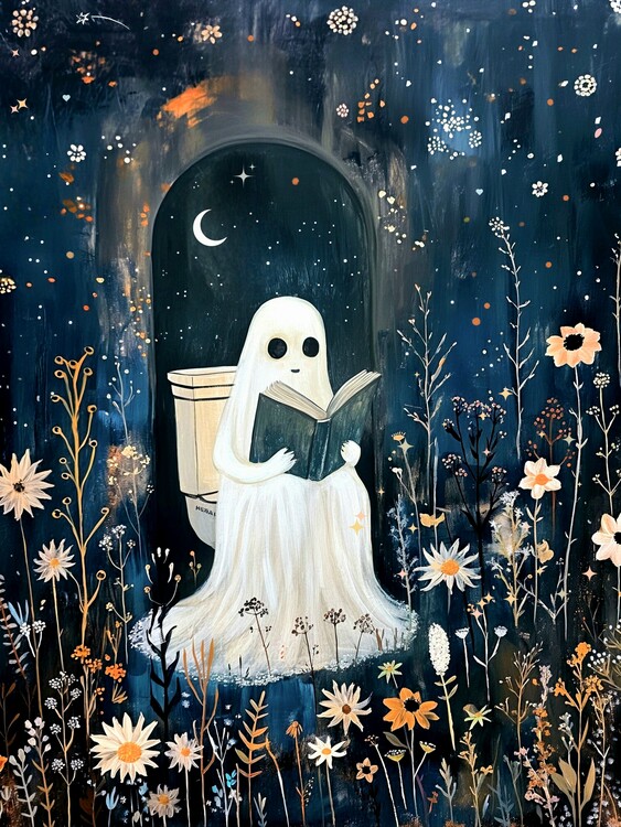 Illustration Ghost on the Toilet Under the Moon amd Stars