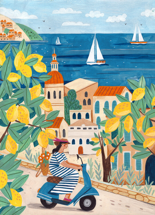 Illustration Travel poster woman on the Amalfi coast