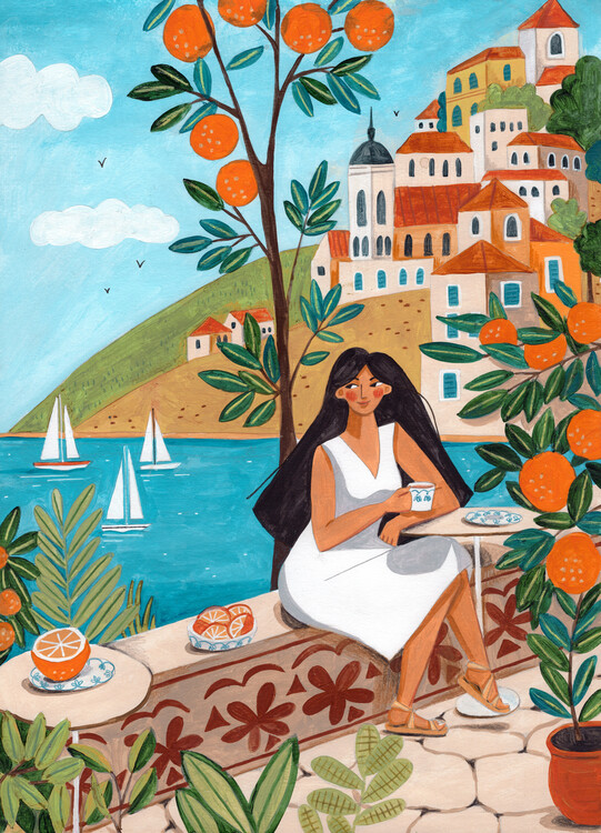 Ілюстрація Travel poster woman in Mediterranean coast