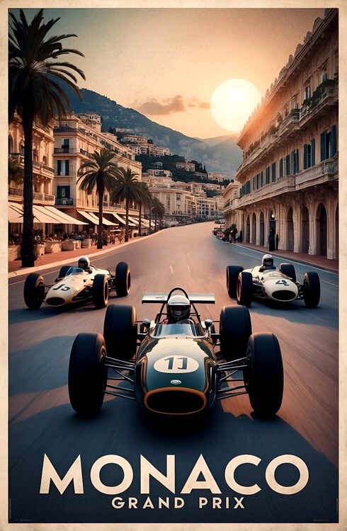 Illustrazione Retro Monaco Grand Prix Art: Classic Motorsports Scenes