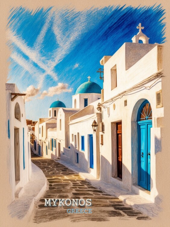 Illustrazione Timeless Mykonos: Vintage-Inspired Drawing of Greek Island