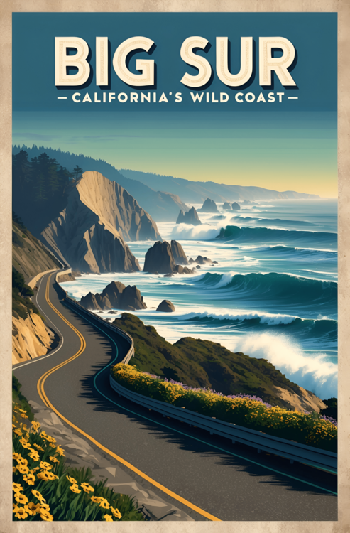 Illustrazione Big Sur Vintage Travel Poster – California’s Scenic Coastal