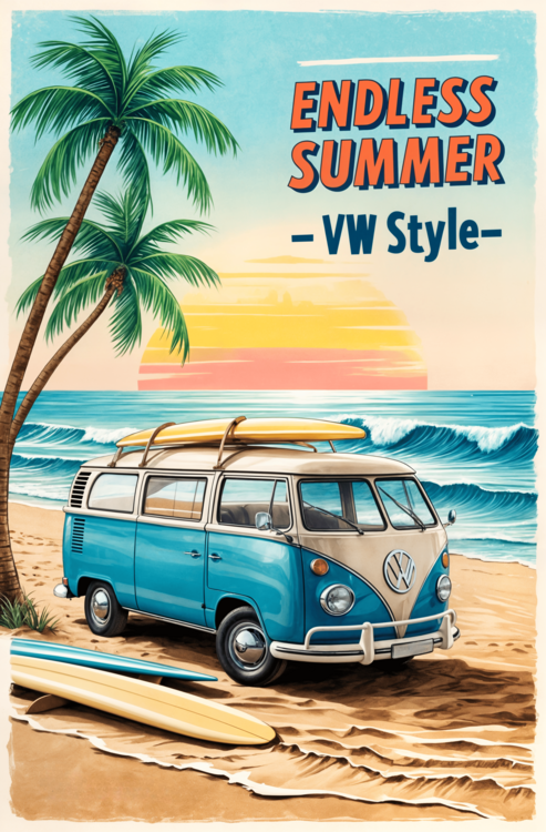 Illustrazione Explore Beachside Freedom: Retro VW Campervan Poster