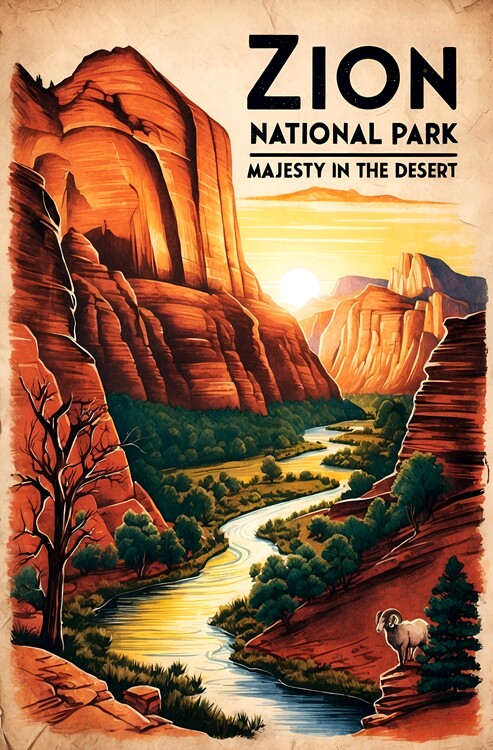 Illustrazione Zion National Park: Timeless Beauty in a Vintage Design