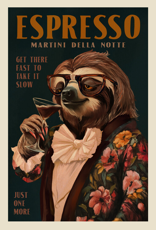 Illustration Art Deco Espresso Martini Drinking Sloth