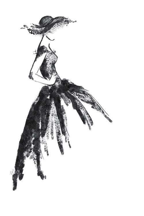 Illustration Full skirt dress fashion illustration in black and white