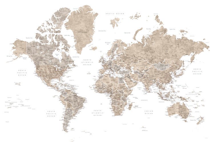 Mappa Neutral watercolor detailed world map with cities, Abey