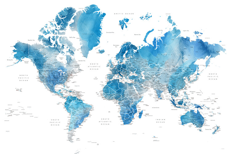 Mappa Blue watercolor world map with cities, Raleigh