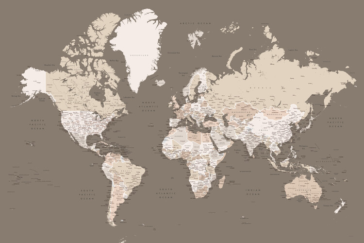 Mappa Earth tones detailed world map with cities