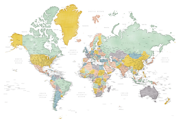 Mappa Detailed world map in mid-century colors, Patti