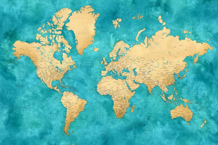 Mappa Detailed world map with cities in gold and teal watercolor, Lexy