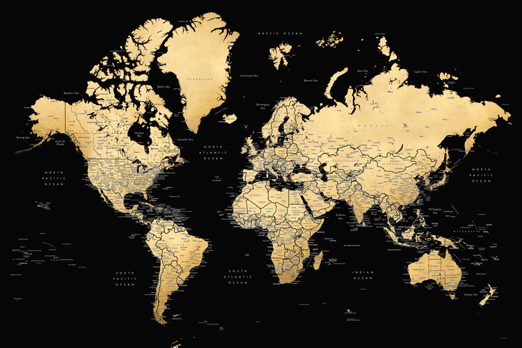 Mappa Black and gold detailed world map with cities, Eleni