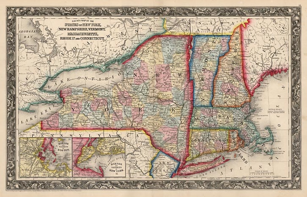 County Map Of The States Of New York, New Hampshire, Vermont 