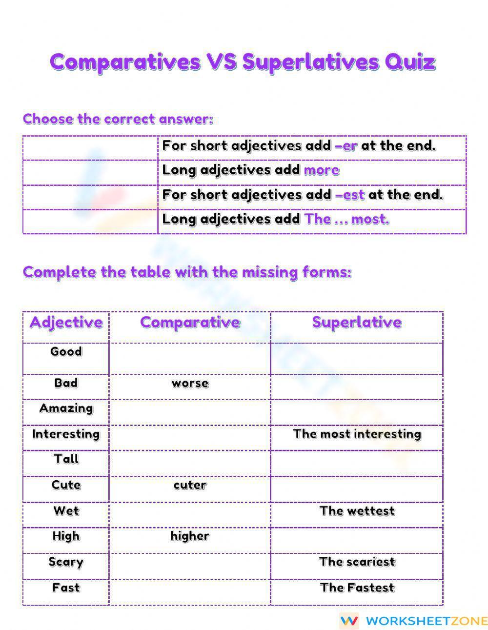 Comparatives Vs Superlatives QUIZ Worksheet