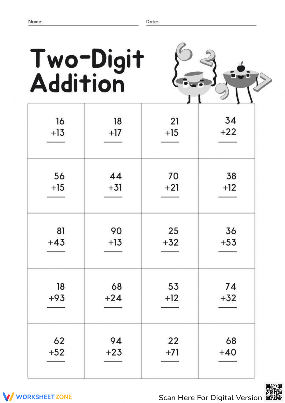 Two-Digit Vertical Addition Worksheet Worksheet