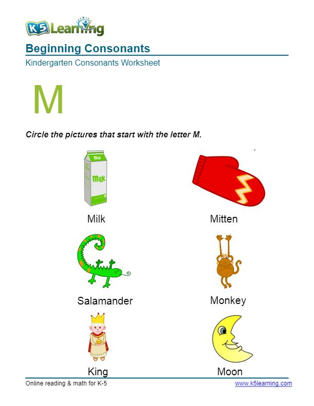 Beginning Consonants - Letter M | Worksheet Zone