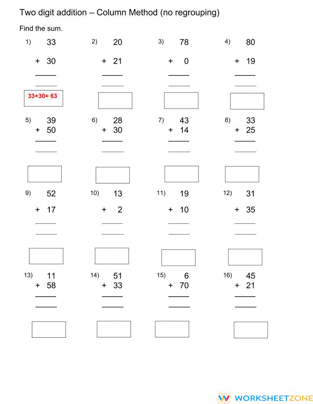 Two digit addtion column method | Worksheet Zone