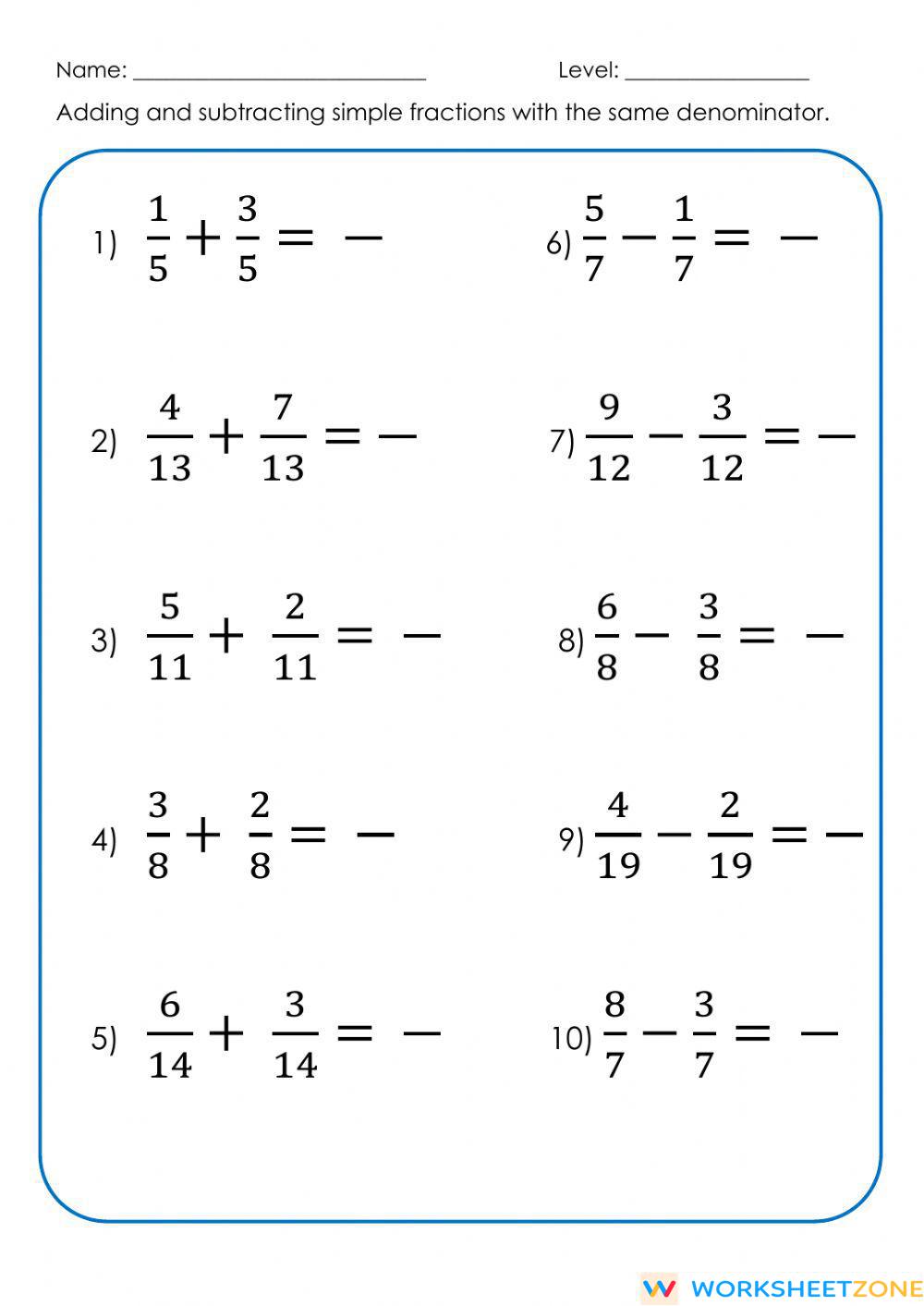 Addition And Subtraction Of Fractions Worksheet