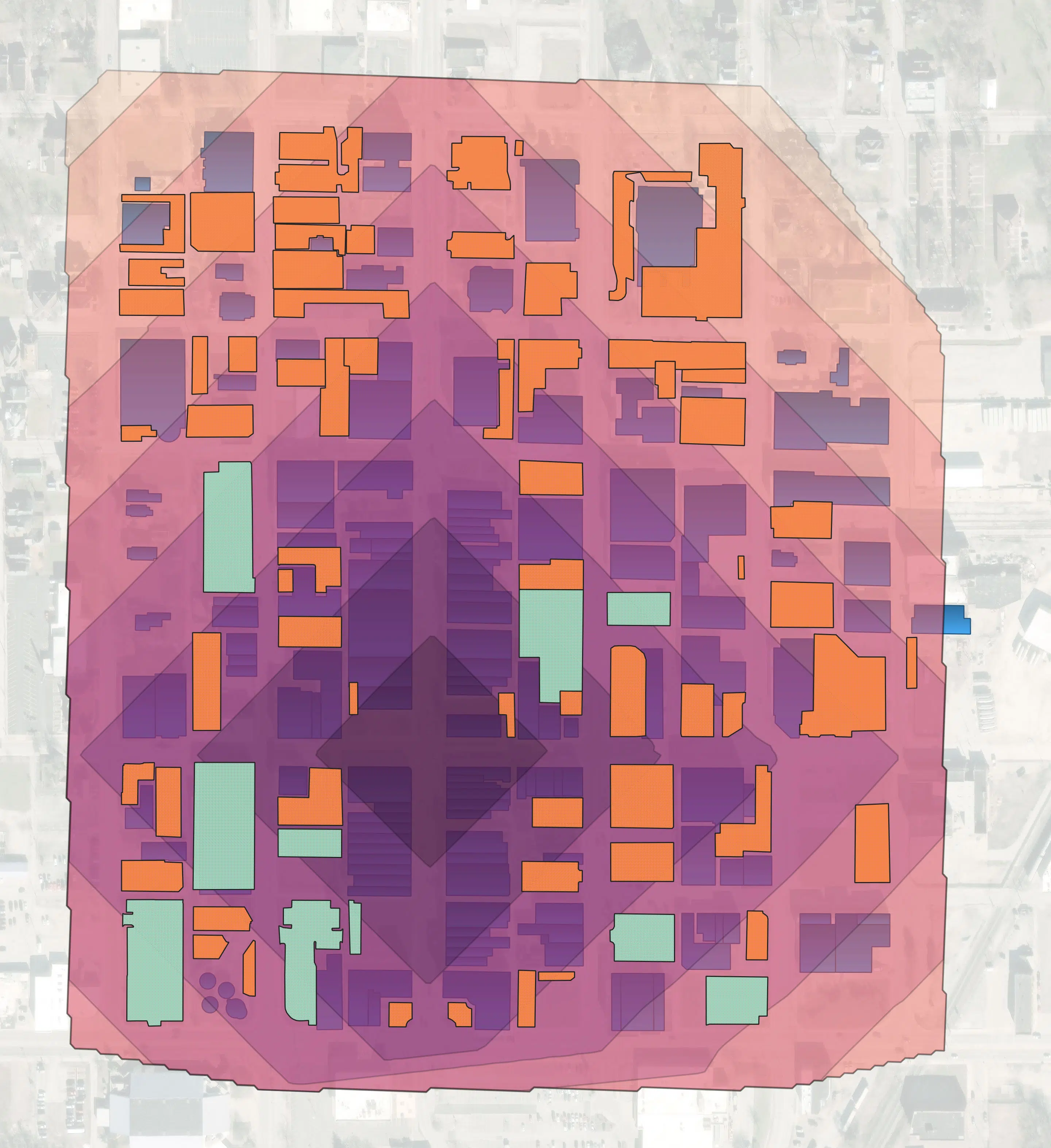 Map of Downtown Danville, Illinois with multiple colors indicating walk times from the center of downtown to its boundaries.