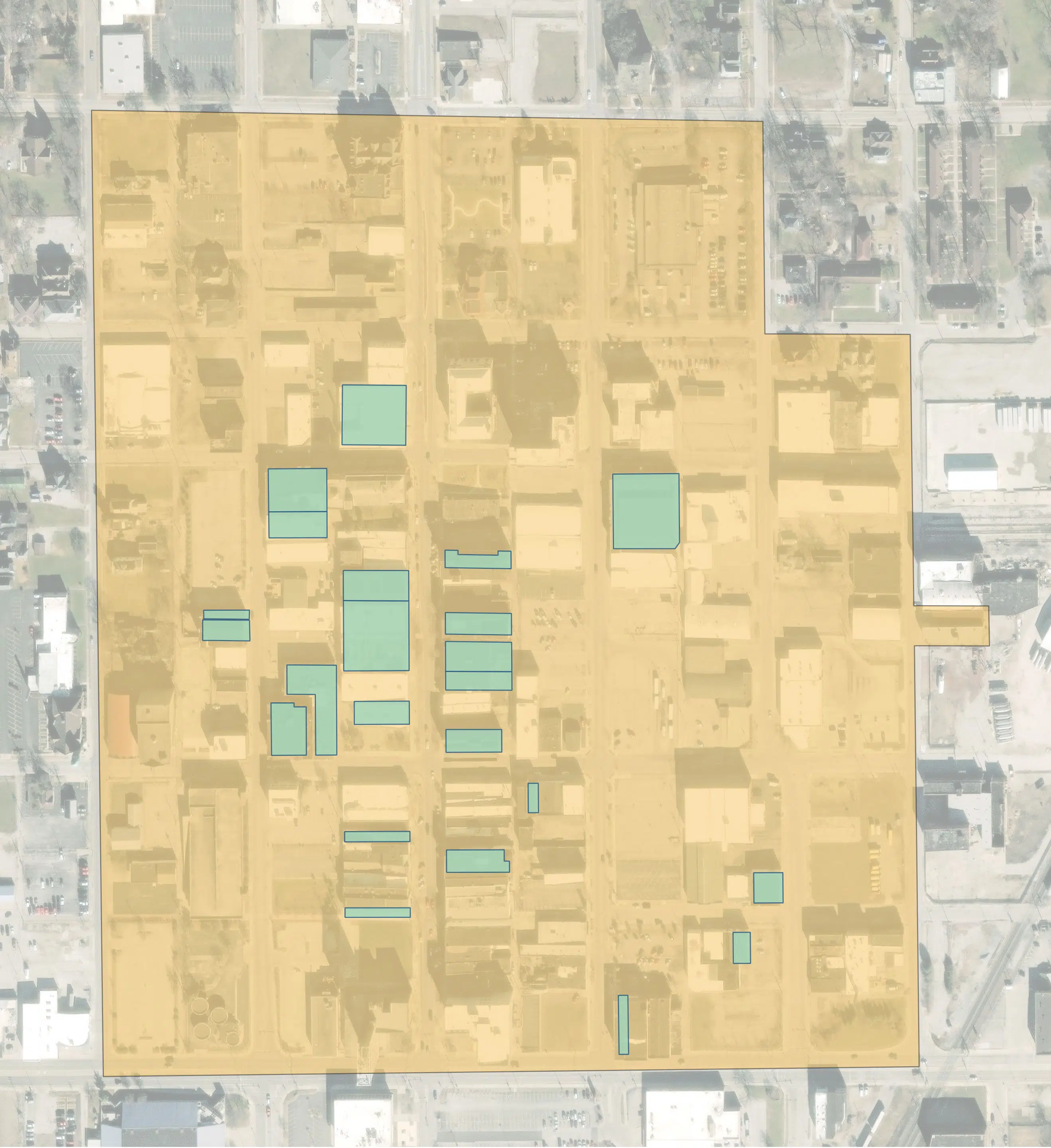 Map of Downtown Danville, Illinois with multiple colors indicating walk times from the center of downtown to its boundaries.