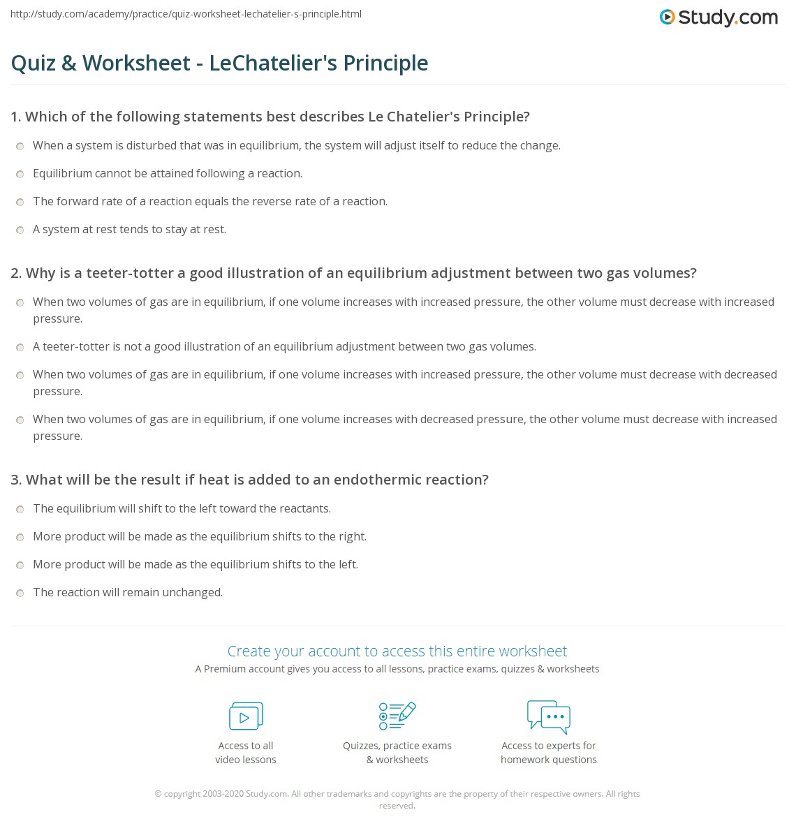 Quiz Worksheet Lechatelier S Principle Study Com