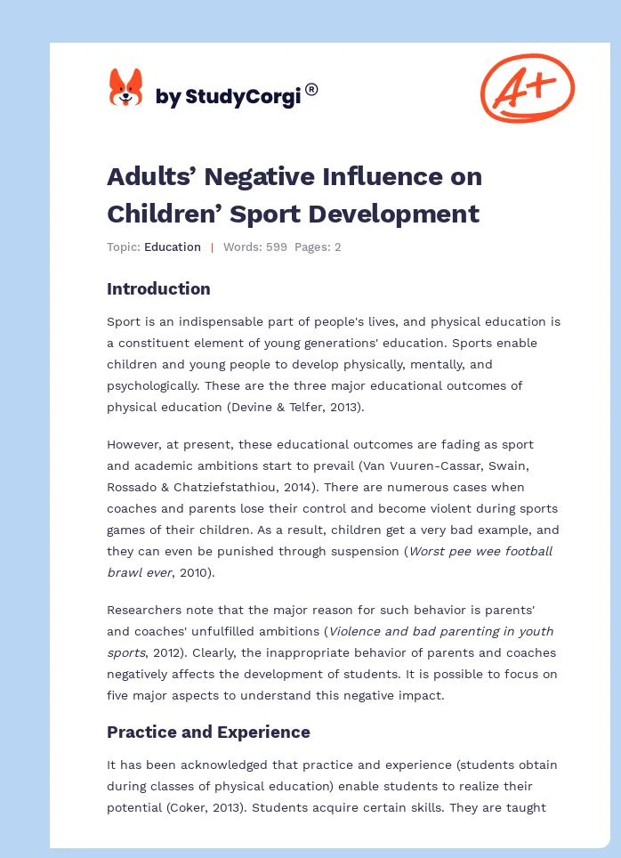 Adults’ Negative Influence on Children’ Sport Development. Page 1