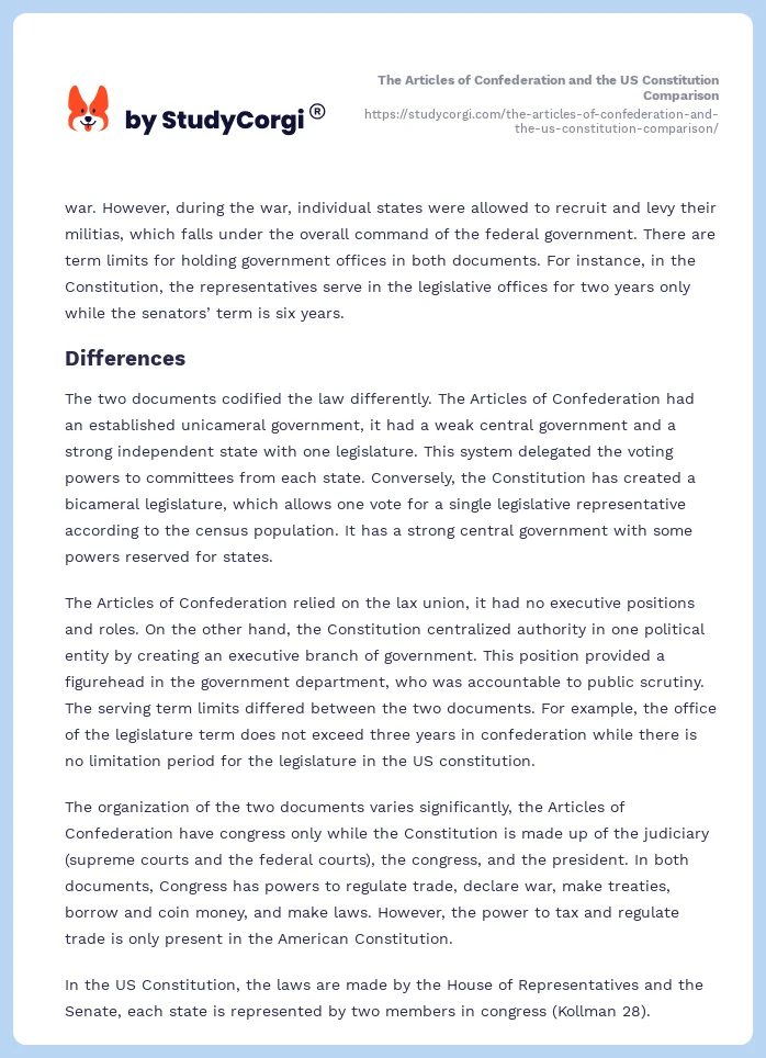 The Articles of Confederation and the US Constitution Comparison. Page 2