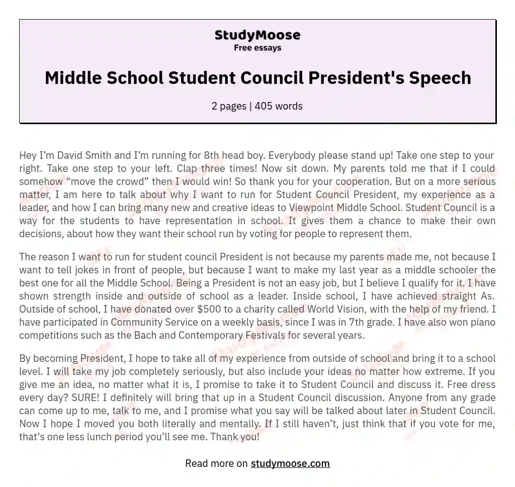 Middle School Student Council President s Speech Free Essay Example