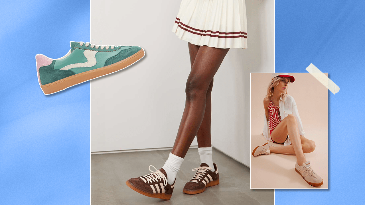 Left to right: Dolce Vita Notice Sneakers in green and pink, a model wearing the Adidas Originals + Sporty & Rich Handball Spezial Sneakers in chocolate brown; a model wearing the Gola Elon Sneakers in blush nude.