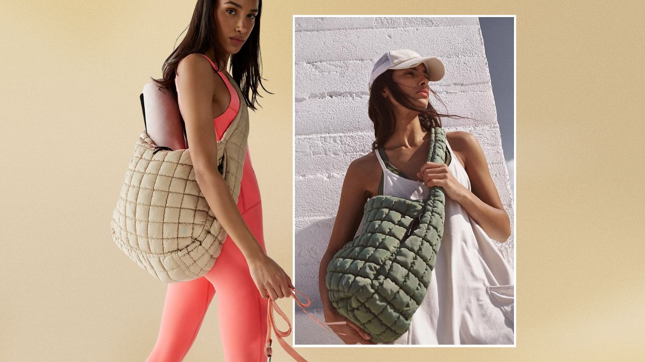 A woman in an orange yoga outfit with a tan quilted bag, a woman in a white tank with a baseball hat carrying a green quilted bag