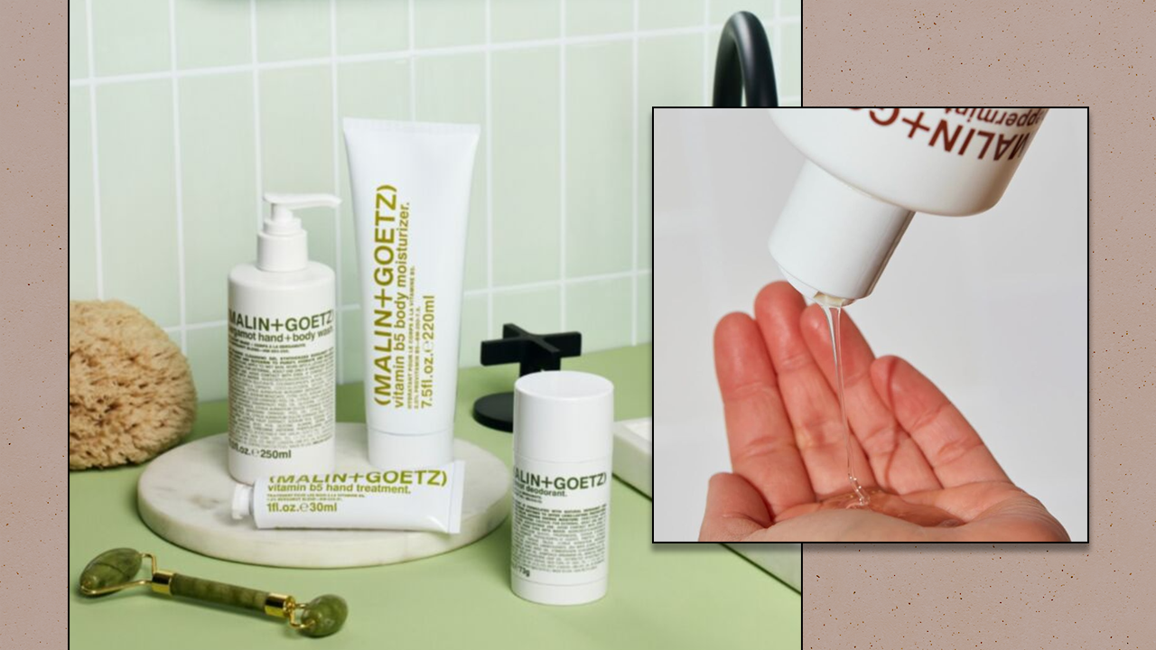 Left: Malin+Goetz body products displayed on a bathroom counter; Right: Malin+Goetz shampoo being poured into hand.