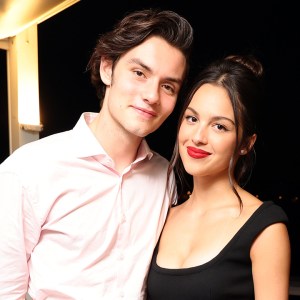 VENICE, ITALY - AUGUST 30: (EXCLUSIVE COVERAGE) Louis Partridge (L) and Olivia Rodrigo celebrate the Venice International Film Festival World Premiere of the Apple TV+ limited series “DISCLAIMER” at Harry's Dolci on August 30, 2024 in Venice, Italy. “DISCLAIMER” will premiere globally on Apple TV+ on October 11, 2024.