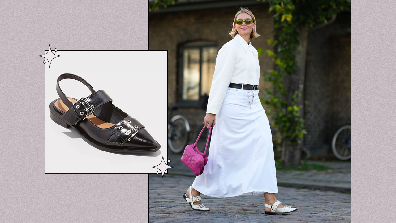 Left: Wild Fable Peyton Double Buckle Slingback Flats in black; Right: a woman walking and wearing an all-white outfit, white Ganni Feminine Buckle Ballerina flats, and a bright pink purse.