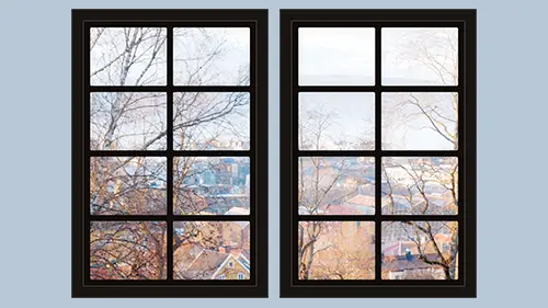 Dollhouse window with dark frame and neighborhood view in Fall