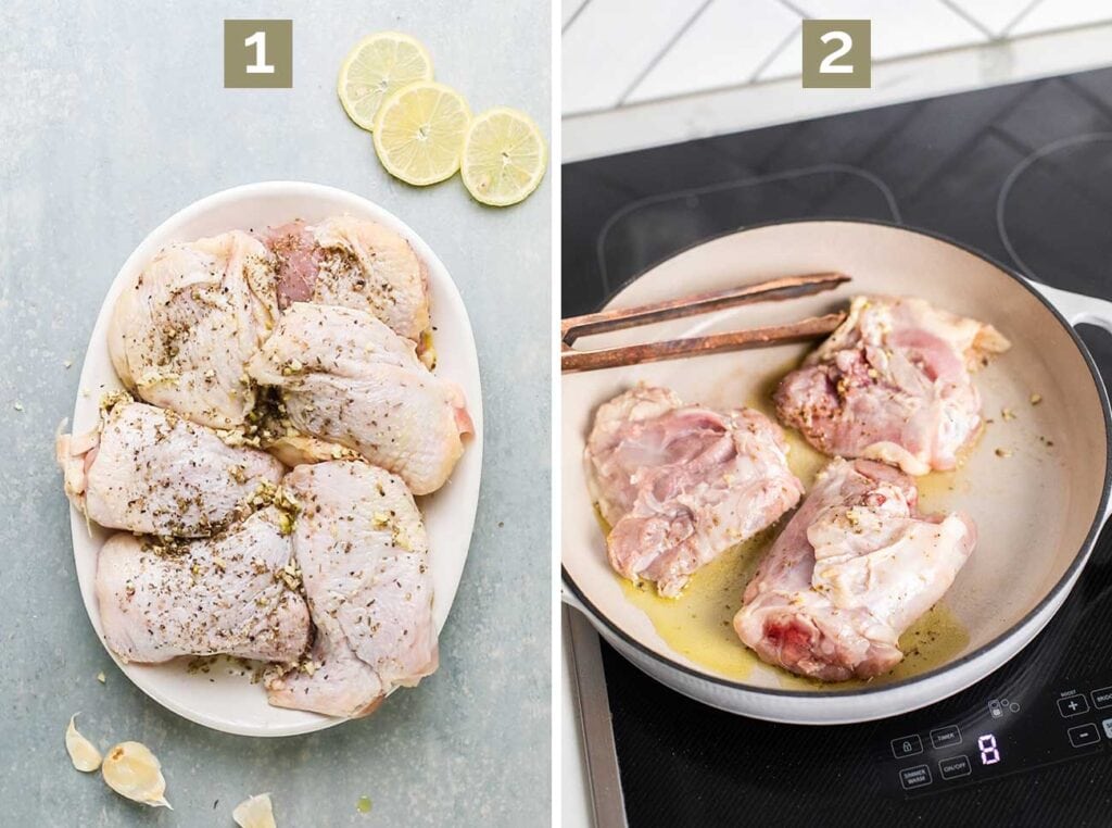 Step 1 shows marinating the chicken, and step 2 shows browning the chicken in a pot.