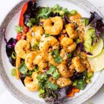 A close up look at a Thai shrimp salad drizzled with the peanut style dressing on a white plate.